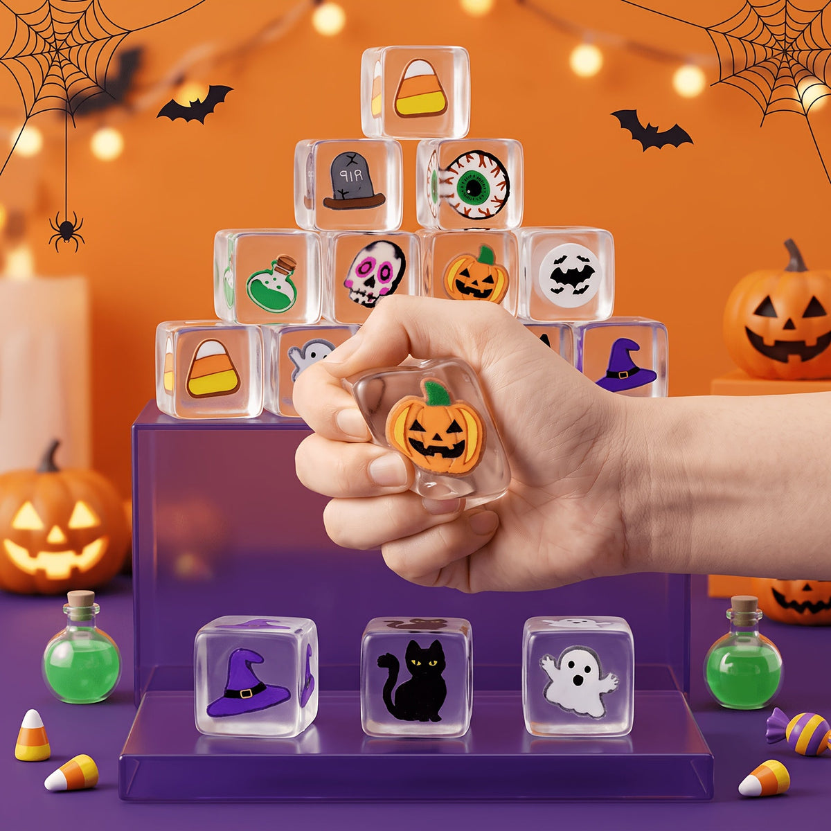 Halloween squishy blocks featuring festive pumpkin and bat patterns in randomly selected styles.