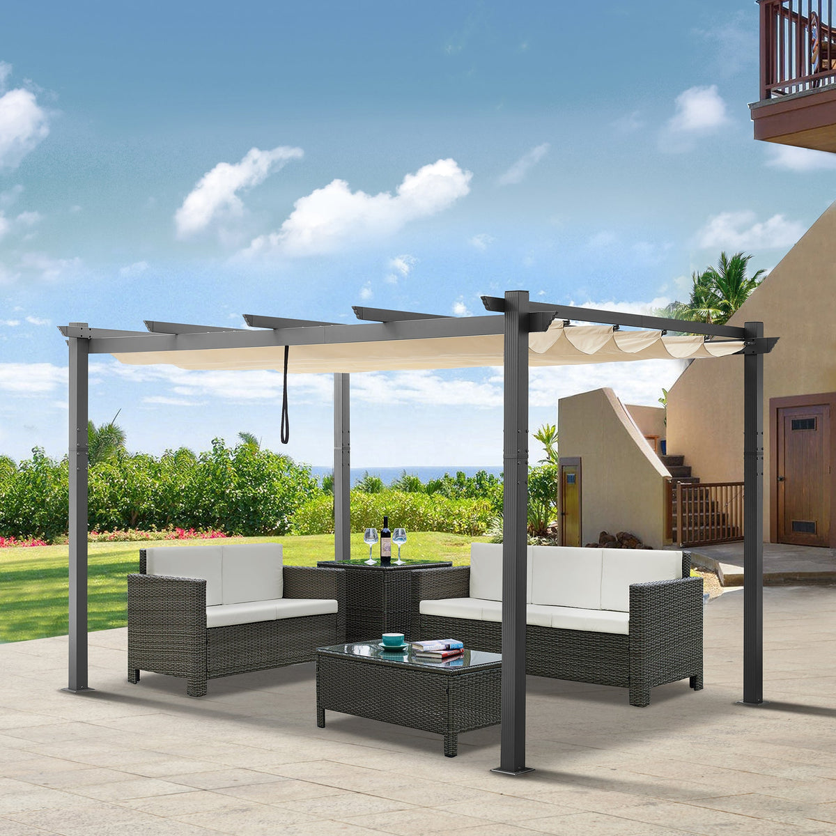 OPEN BOX I PATIO TREE 10Ft x 13Ft Patio Aluminum Retractable Pergola with Sun Shade Canopy Modern Backyard Deck