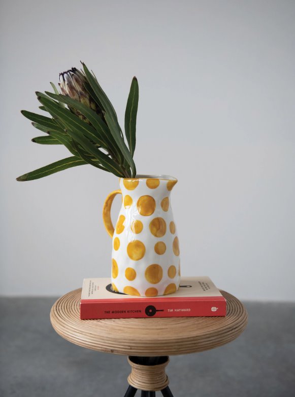 Polka Dot White Yellow Stoneware Pitcher